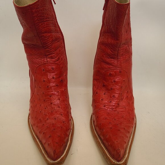 Vtg Goss Red Leather Ostrich Boots 6 Stiletto Pointed Toe Western Witchy Cowboy - Picture 3 of 16